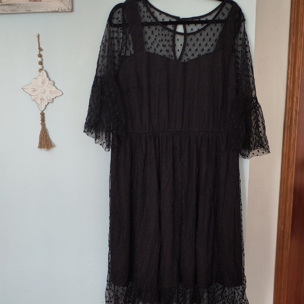 Lane Bryant Black Sheer Polka Dot Midi Dress
